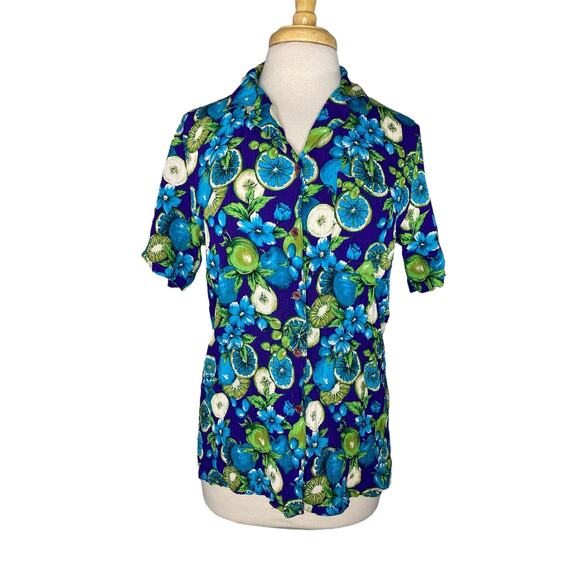 ALFRED DUNNER Vintage Fruit Purple Green Button Up Blouse Size 12 Lime Apple - Picture 1 of 8